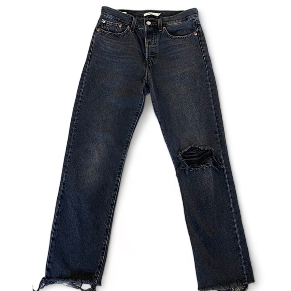 Levi's Denim - LEVI’S Wedgie Straight Black Ripped Denim Jeans Sz‎ 27
High Rise Pockets Raw Hem
